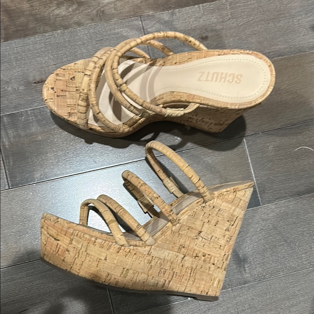 SCHUTZ Cork Multi-Strap Wedge Sandals in Natural